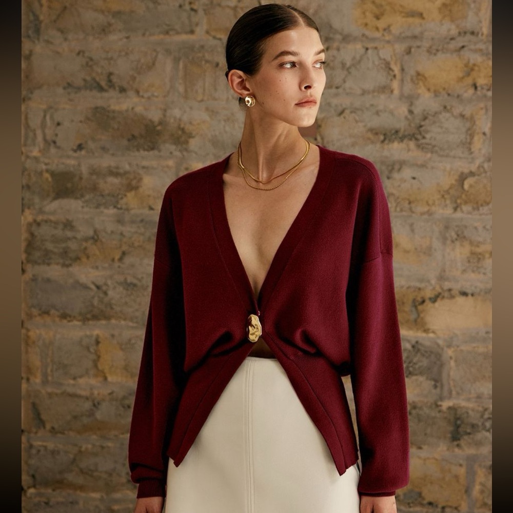 COMMENSE Golden Button Burgundy Cardigan